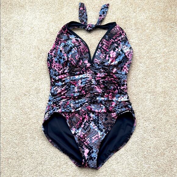 NWOT Magicsuit Python Danika Halter Tie Ruched One Piece Swimsuit Size 16 - Picture 1 of 8